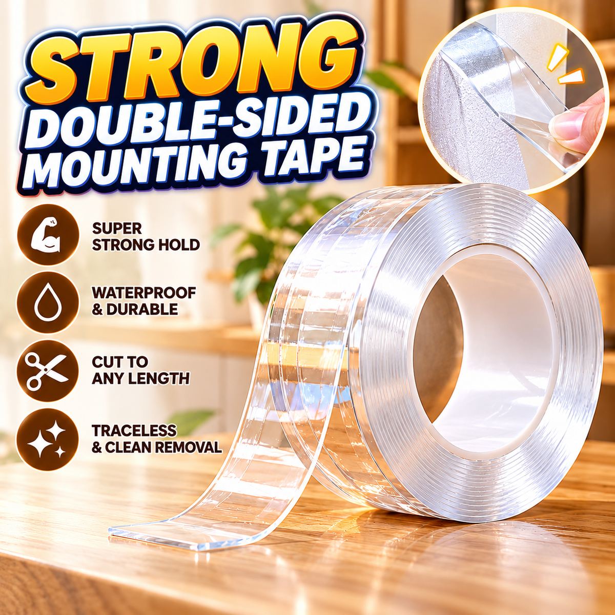 LIMITED DISCOUNT✅Extra Large Double Sided Tape , Clear & Tough Nano Tape, Multipurpose Mounting Tape