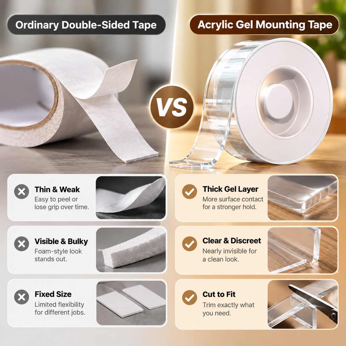 Ordinary double-sided tape compared with clear mounting tape