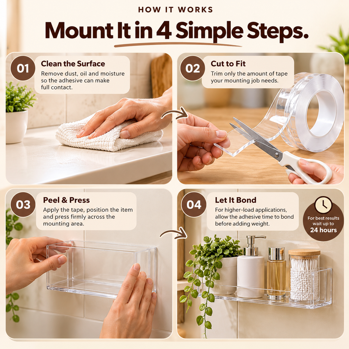 Four steps for applying mounting tape